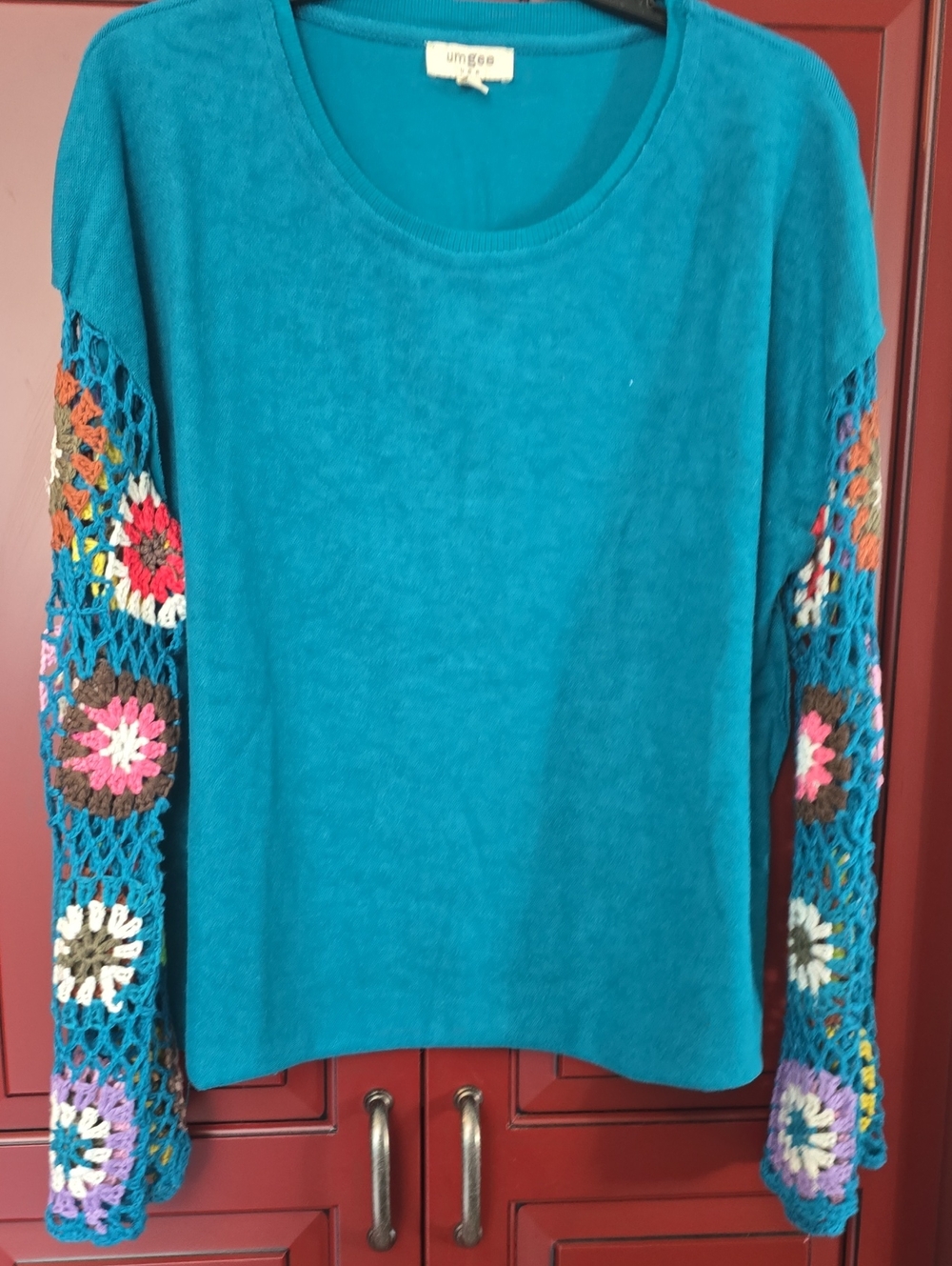 Umgee Teal Knit Top with Multicolor Crochet Sleeves